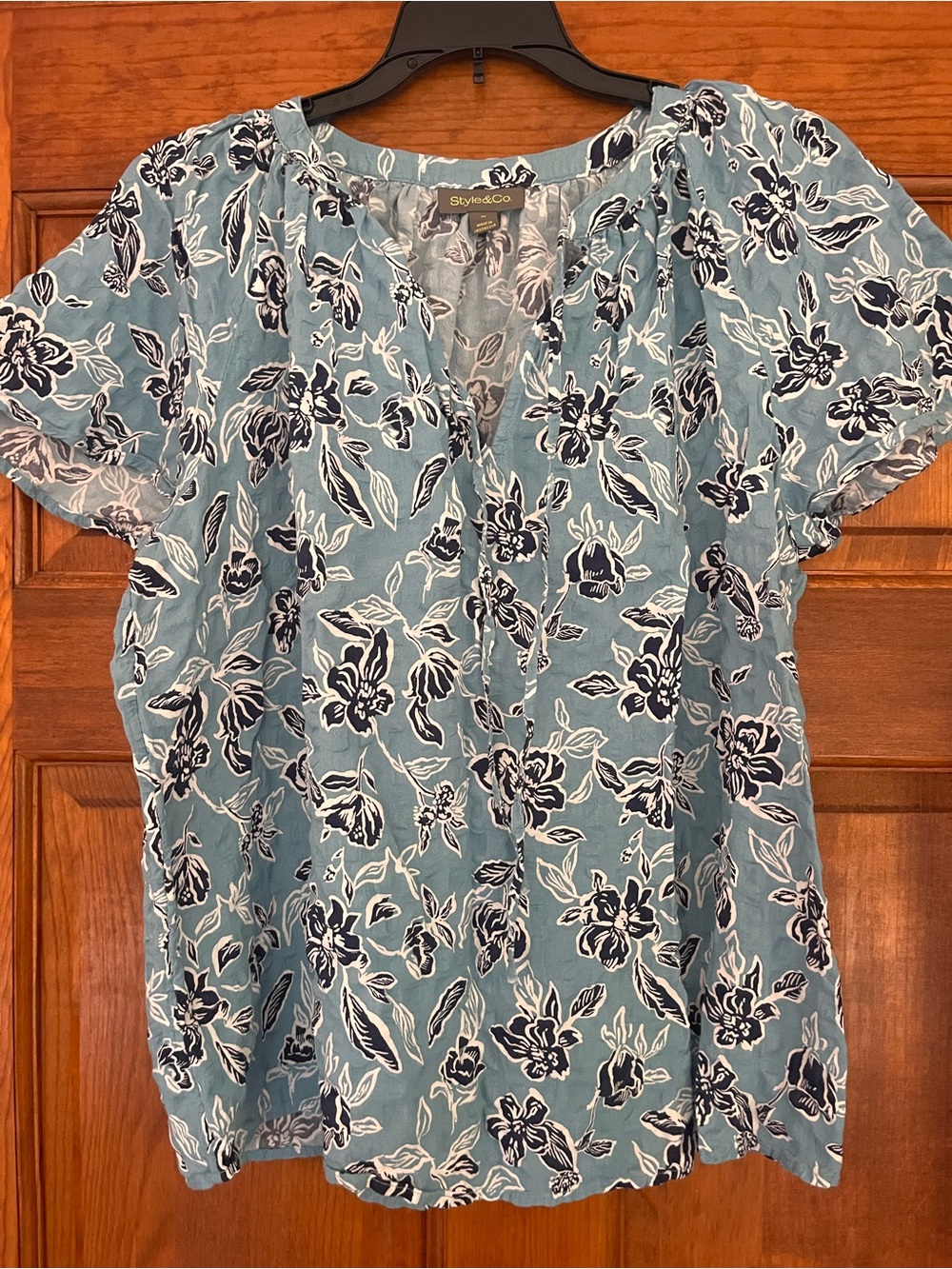 Style & Co. Teal Blue Floral Short-Sleeve Peasant Blouse